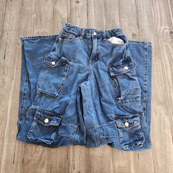 Fashion Nova Cargo Jeans Juniors Size 1 Blue High Rise - Picture 4 of 6